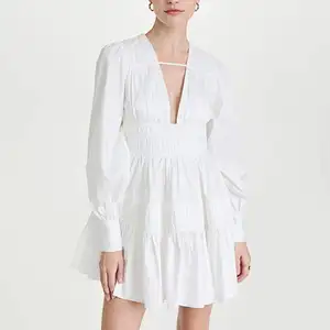 Custom Women Woven Fabric V-Neck With Button Cuffs Plead A Line Skirt Ruched Mini White Tunic Long Sleeve Short Casual Dresses