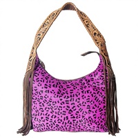 Sac fourre-tout bohème en cuir véritable personnalisé, style western, mini sac à pompons, fermeture éclair, prêt pour le voyage, imprimé guépard
