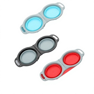 Collapsible Foldable Portable Dual Pet Bowl for Dogs <b>Cats</b> Outdoor Use Solid Color Oval Plastic Travel <b>Feeder</b> - Product Image 2