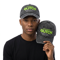 Casquette de baseball en jean vieilli avec broderie personnalisée effet glitch, gris délavé, visière courbée, style vintage, streetwear OEM