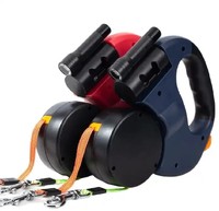 Laisse pour chien rétractable double anti-emmêlement 360° avec lumière LED et distributeur de sacs à déjections