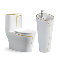 Ensemble WC monobloc avec lavabo sur colonne, design blanc et lignes dorées