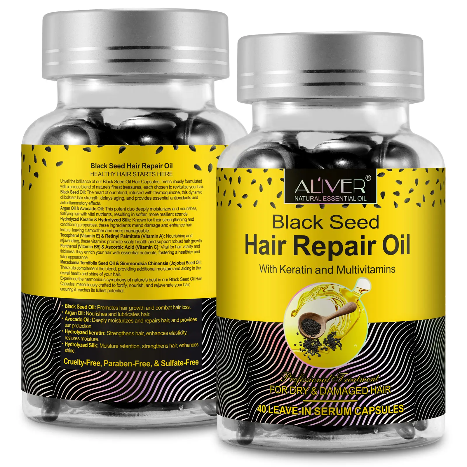 Aliver đa vitamin thúc đẩy tăng trưởng tóc đen hạt giống dầu Softgel viên nang lạnh ép, nhãn hiệu riêng đen hạt giống dầu viên nang