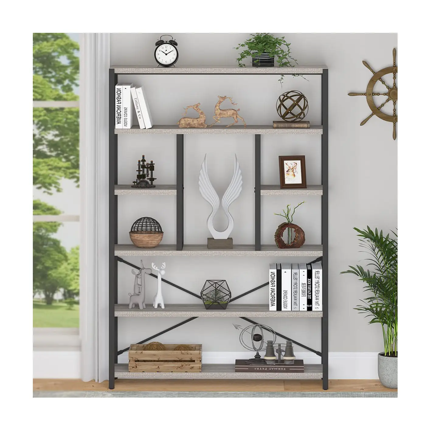 2023 Living Room Furniture Metal Wooden Shelves Storage Book Shelf Style Industrial Bookcase