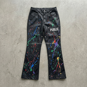 OEM Custom PU Leather Flared Jogger Pants Mens Colorful Paint Splatter Print Rivet Detail Screen Printed Streetwear Moto Pants - Product Image 1