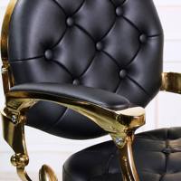 Fauteuil de Barbier Vintage de Luxe Hydraulique Inclinable, Chaise de Salon Dorée et Noire Capitonnée, Mobilier de Barbier Antique