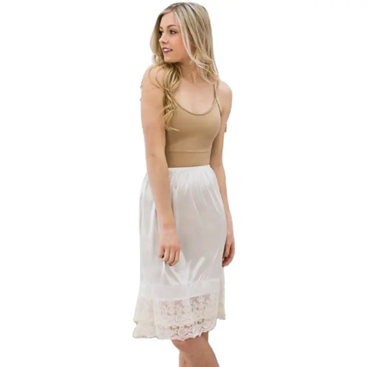 Summer Ladies White Lace Trim Knee Length Skirt Extender