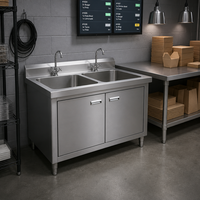 Évier de cuisine mobile pour livraison, station de lavage en acier inoxydable avec base de rangement et deux robinets pour la préparation de plats à emporter