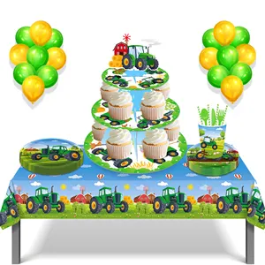 Tractor de granja verde DT084, suministros de fiesta, soporte para pasteles y magdalenas de cartón de 3 niveles, para fiesta de Cumpleaños de Niños