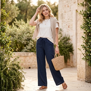 <span class=keywords><strong>Pantaloni</strong></span> Casual da <span class=keywords><strong>Donna</strong></span> Trendy Primavera/Estate a Gamba Larga in Cotone-<span class=keywords><strong>Lino</strong></span> alla Moda con Tasche e Vita Elasticizzata - Product Image 1