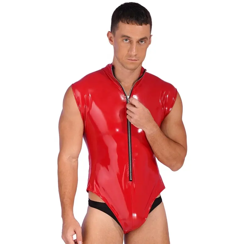 Erkek Sissy tek parça eşcinsel Cosplay Underwear iç çamaşırı seksi Clubwear Leotard parlak Patent deri Bodysuit