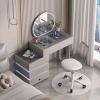 Table de maquillage moderne en bois écologique avec miroir LED, plateau en verre et plusieurs boîtes de rangement pour la chambre à coucher
