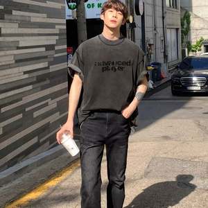 Imprimé personnalisé surdimensionné Vintage T-shirt lourd pour les hommes 100% coton tricoté tissu lettre motif Streetwear - Product Image 2