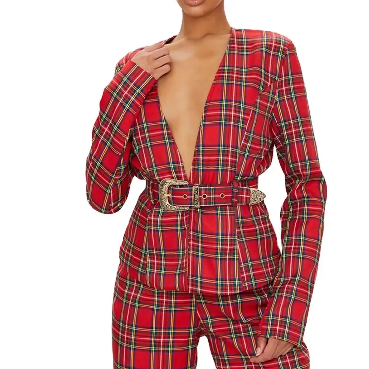 Ladies Fashion Blazer Pius Size OEM Red Tartan Plaid Casual Buckle Belted Suit Jacket