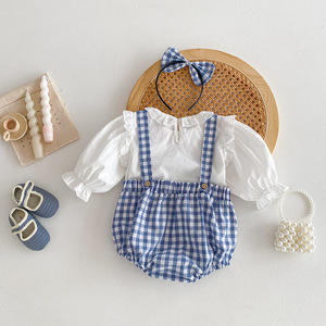 Printemps automne enfant en bas âge fille coton bleu barboteuse à carreaux couleur unie à manches longues haut bébé vêtements costume - Product Image 2