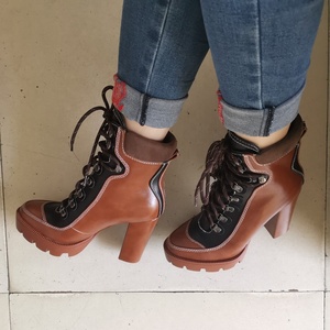 High Top Color Block PU Upper Platform Round Toe Women Ankle Boots Fashion Lace up Chunky High Heel Short <b>Booties</b> for Ladies - Product Image 3