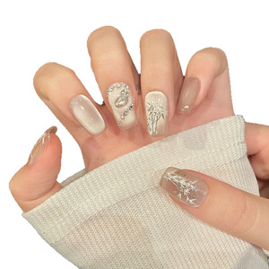 Nouvelles Faux Ongles Courts Faits Main Style Chinois, Motif Œil de Chat, Serpent et Bambou, Sertis de Diamants, Simples et Tendance, à Presser - Product Image 1
