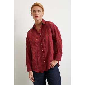 เสื้อเชิ้ตลายทางผ้าออร์แกนซ่าผู้หญิง สีเบอร์กันดี ลำลอง ใส่ได้ทุกวัน ผ้าบางเบา ดีไซน์ยับย่น - Product Image 4