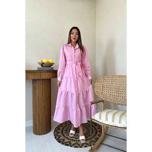 Vestido Casual Diario Transpirable de Cintura Elástica con Cuello Redondo y Cinturón Rosa, Estilo Línea A - Product Image 5