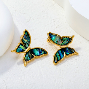 18K Gold Plated Stainless Steel Butterfly Earrings with Natural <b>Abalone</b> <b>Shell</b> Inlay Hypoallergenic Waterproof Studs for Women - Product Image 3