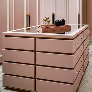 Îlot de dressing minimaliste avec dessus en verre, commode, îlot de dressing avec rangement central en bois massif - Product Image 1
