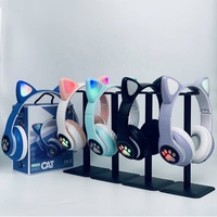 Headset Anak Lucu Bentuk Kucing Tws dengan Mic, Lampu LED, Wireless & Wired, Earphone dengan Slot Kartu TF, Headphone BT untuk Anak-anak