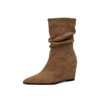 Sepatu Bootie Kulit Sapi Model Wedge Ujung Runcing untuk Musim Gugur