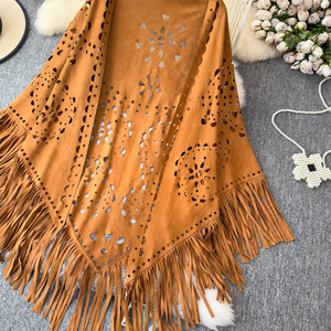 Boho Suede Fringe <b>Poncho</b> - Ethnic Cutout Cape Shawl, Loose Fit & Flattering Open Cardigan for Women - Product Image 4
