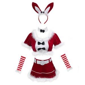 Christmas Bunny Costume Women Velvet <b>Crop</b> <b>Top</b> With Fur Trim And Striped Arm Warmers For Halloween Or Christmas Party Outfit - Product Image 5