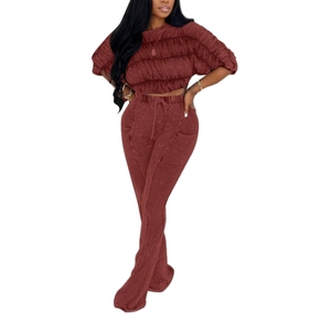 Seductive Solid-<b>Colour</b> Crop Top and Slim-Fit Flared Trousers Women's Two Piece <b>Set</b> Fashion - Product Image 2