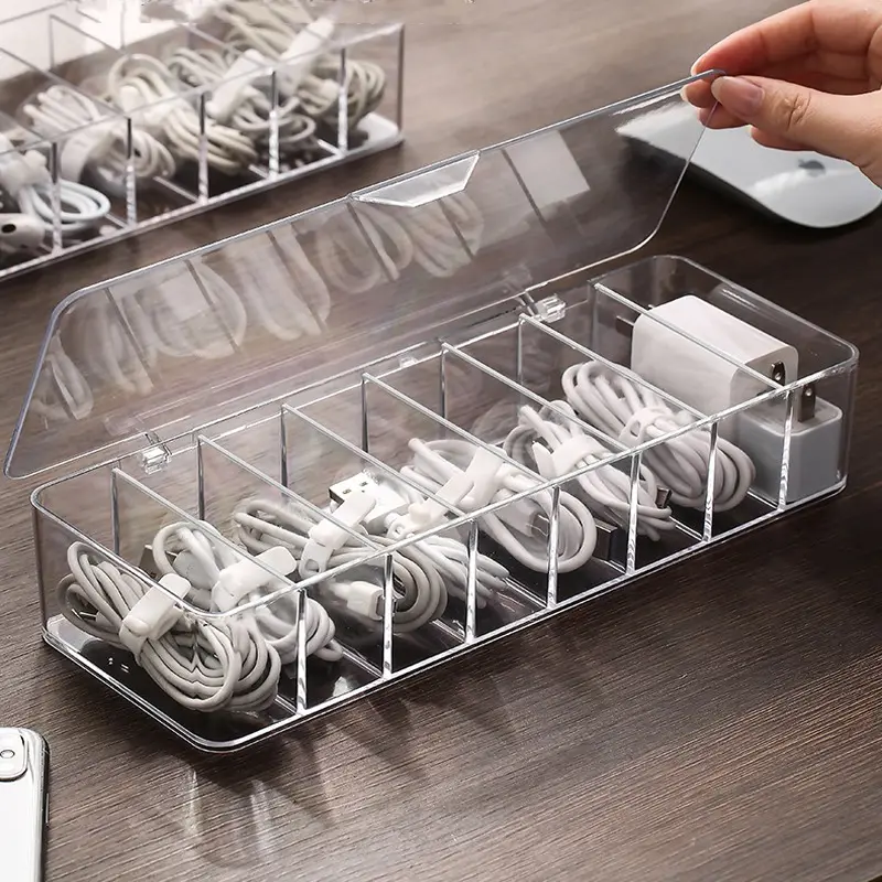 Plastic Desktop Sorting Compartments Cord Holder Data Charging Cable Earphone Organizer Transparent Data Cable Storage Box