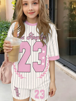 Ensemble d'été 2026 pour filles, rayé blanc et gris, à manches courtes, avec t-shirt et short de sport pour enfants, imprimé lettres roses Los Angeles 23