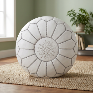 Handmade Round Embroidered Pouf <b>Cushion</b> <b>Cover</b> Genuine <b>Leather</b> Zipper Closure Customizable Bohemian Style Home Decor - Product Image 5
