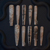 Lot de 10 faux ongles en ABS noir faits à la main, à presser, forme amande, avec colle, pointes longues style stiletto, forme carrée, application sur les doigts