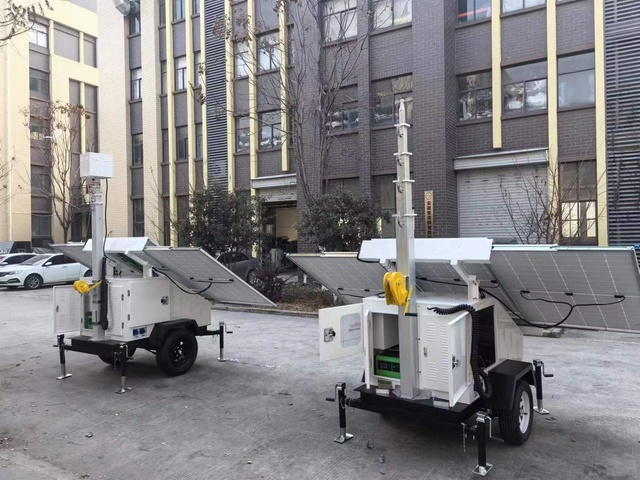 4G Router & WIFI PTZ Camera CCTV 3*450W Mobile Solar Tower Trailer Security for Construction Site