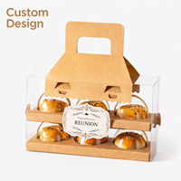 Caja de Regalo Transparente para Repostería con 6 Cavidades, Caja de Papel Kraft con Asa y Bandeja Interior para Empacar Pasteles, Bizcochos de Yema de Huevo y Postres