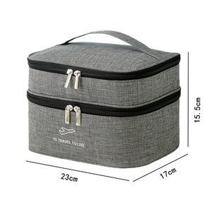 Double Layer Cosmetic Bag Large Capacity Waterproof Travel <b>Toiletry</b> <b>Storage</b> Case Grey Navy Blue - Product Image 5
