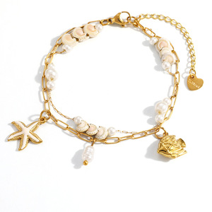 Bracelet à double chaîne sur le thème de l'océan, coquillages, pendentif étoile de mer plaqué or 18 carats, style bohème, bijoux de plage - Product Image 5