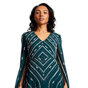 Vestido de Noche Verde Esmeralda con Lentejuelas y Cuentas, Cuello en V, Manga Capa, Corte A, Largo hasta el Suelo, Estilo Imperio Geométrico, Logotipo Frontal, Transpirable - Product Image 1