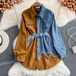 Vestido <span class=keywords><strong>de</strong></span> mezclilla asimétrico <span class=keywords><strong>de</strong></span> estilo coreano nuevo con solapa y estampado floral vintage para <span class=keywords><strong>mujer</strong></span>, <span class=keywords><strong>blusa</strong></span> <span class=keywords><strong>de</strong></span> rayón larga. - Product Image 1