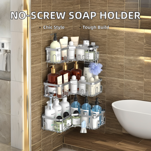 Dispensador de jabón de plata triangular de acero al carbono de estilo moderno, soporte de almacenamiento fácil de usar, sin tornillos, montado en la esquina del <span class=keywords><strong>baño</strong></span> del hogar del Hotel - Product Image 2