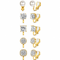 Set 5 Pasang Anting Klip Kristal Mutiara untuk Wanita Perhiasan Mode Pernikahan Pengantin Tanpa Tindik Persegi Bulat Warna Perak Emas