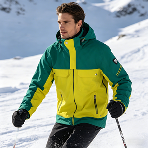 Contrast with Yellow and <strong>Green</strong> Color Waterproof Breathable Men's Adult <strong>Ski</strong> <strong>Jacket</strong> Support OEM - Product Image 3
