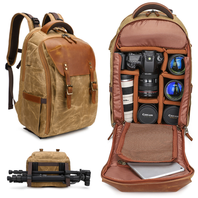 LOGO Custom Waxed Canvas Waterproof Big DSLR Camera Backpack Bagpack Camera Video Bags for Photography
