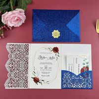 Carte d'invitation de mariage de luxe découpée au laser avec paillettes, avec enveloppe, invitation de fête personnalisée à trois volets à motif floral