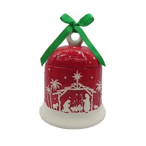手绘装饰迷你陶瓷圣诞叮当铃形蜂蜜容器，带盖子的饼干储物罐