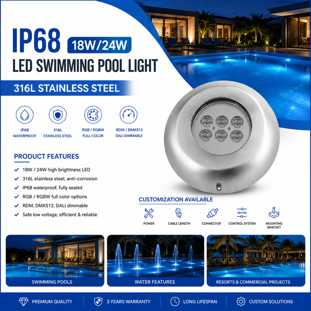 30W Surface Mount White & Blue Swimming Pool & Boat LED Light 316L Stainless Steel IP68 Waterproof DMX512 Control 3600LM