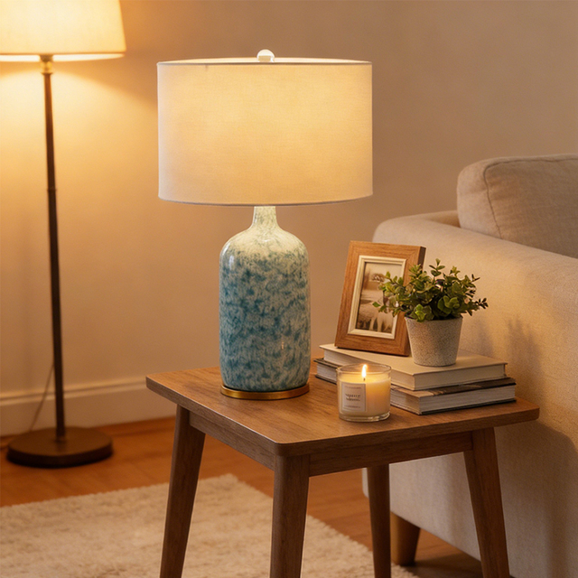 Modern Blue Glazed Ceramic Table Lamp for Bedroom Living Room Home Decor Nordic Style Bedside Desk Lamp with White Linen Shade