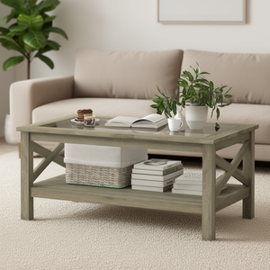 Mesa de centro gris con estructura de madera, tapa de vidrio templado, estante de almacenamiento debajo, muebles para sala de estar - Product Image 2