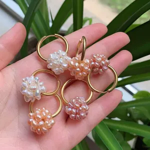 Fashion Hoop <strong>Earrings</strong> <strong>Cluster</strong> Flower Ball Drop Natural Freshwater Pearl Ear Loop <strong>Earring</strong> for Women Wedding Party - Product Image 4